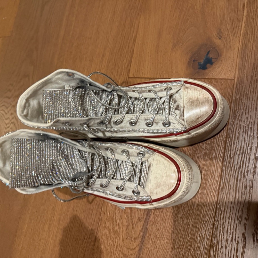 Converse Platform Sneakers in White with Red Trim and Silver Rhinestones